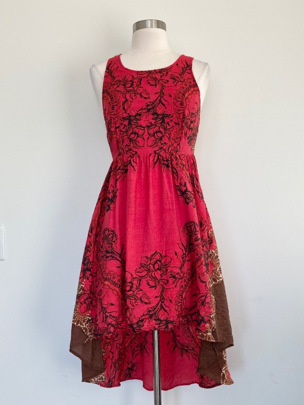 Free People Lace Embroidered Low Cut Open Back Red Black Floral Boho Dress